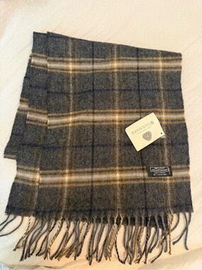 Woolmark Plaid Wool Scarf - Gray and Tan
